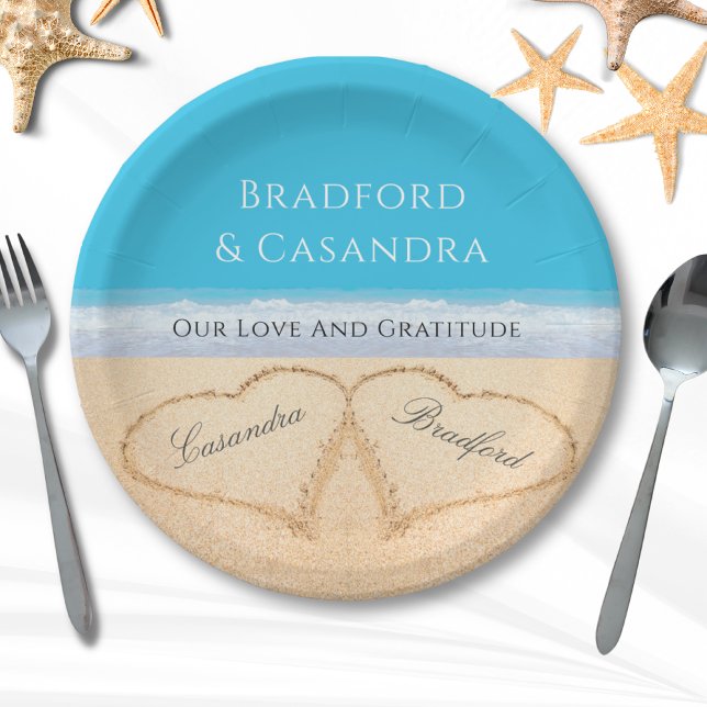 Assiettes En Carton Blue Beach Wedding 2 Coeurs dans le papier de sabl (Créateur téléchargé)