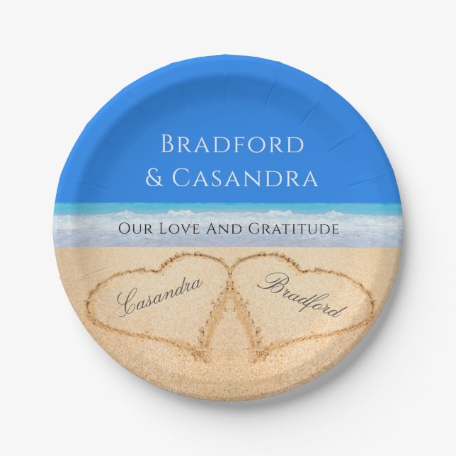Assiettes En Carton Blue Beach Wedding 2 Coeurs dans le sable (Devant)
