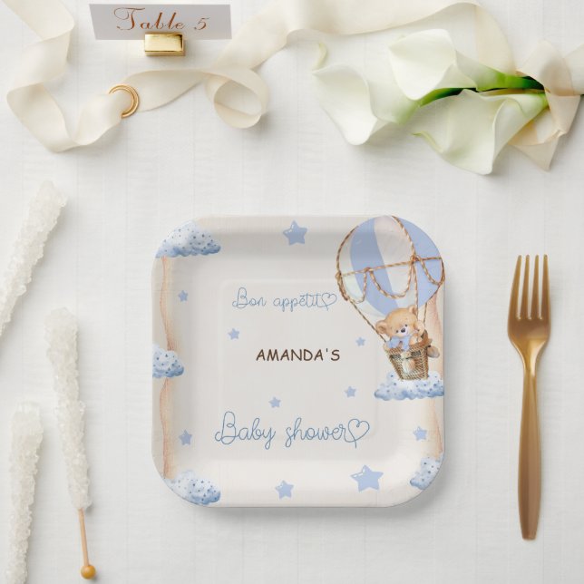 Assiettes En Carton Blue Bear Hot Air Ballons Baby shower Rustique (Mariage)