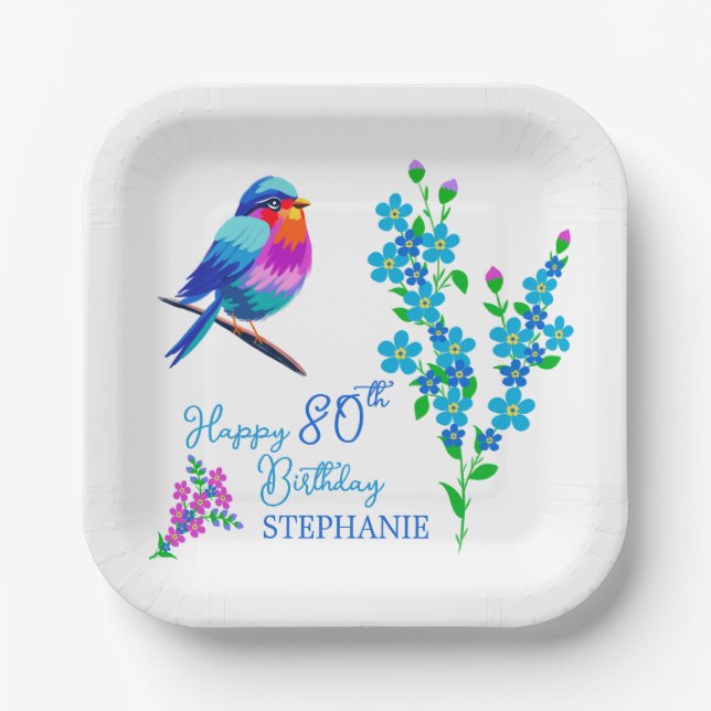 Assiettes En Carton Blue Bird Oubliez Moi Pas Floral 80ème Anniversair (Recto)