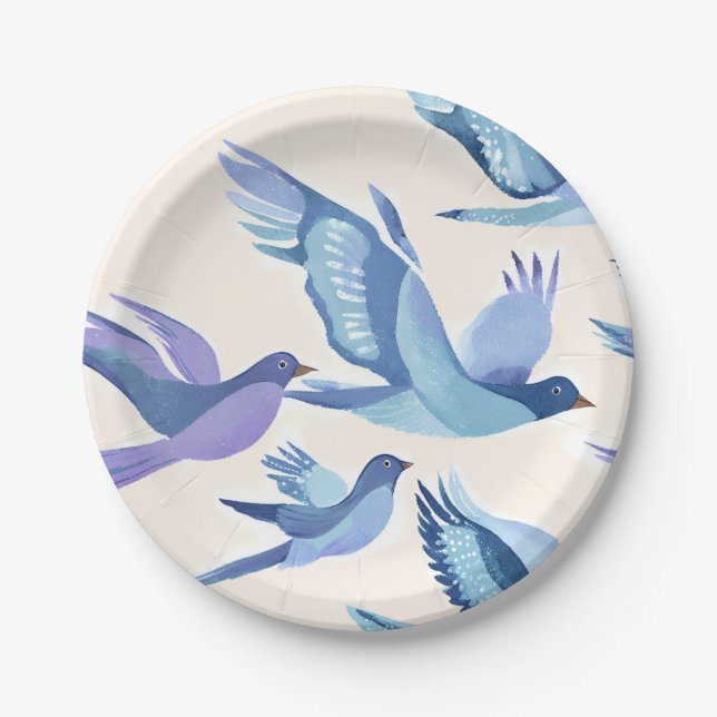 Assiettes En Carton Blue Birds Flying | Modern Watercolor (Devant)