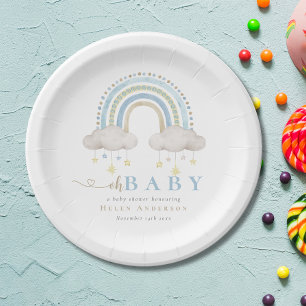 Assiettes En Carton Blue Boho Watercolor Rainbow Boy Baby shower
