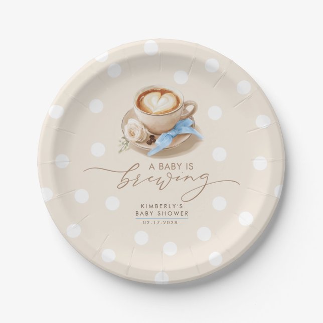 Assiettes En Carton Blue Bow Coffee Baby Is Brewing Boy Baby Shower (Devant)
