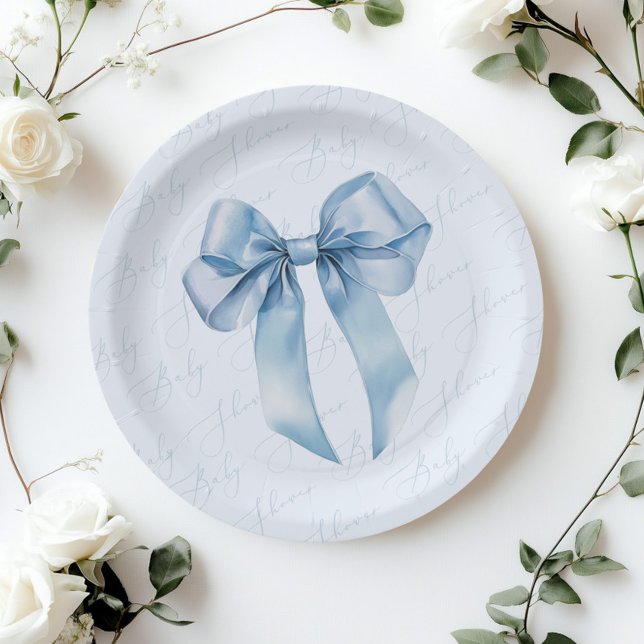 Assiettes En Carton Blue Bow Elegant calligraphie Baby shower garçon (Créateur téléchargé)