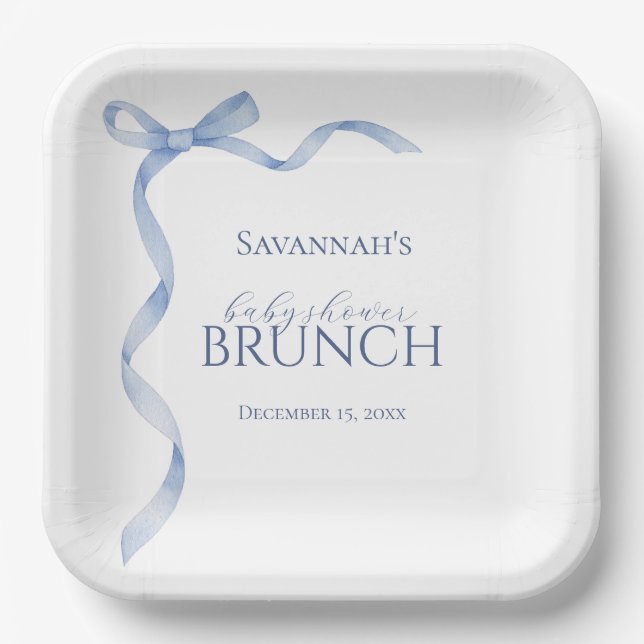 Assiettes En Carton Blue Bow Ribbon Baby Shower (Recto)