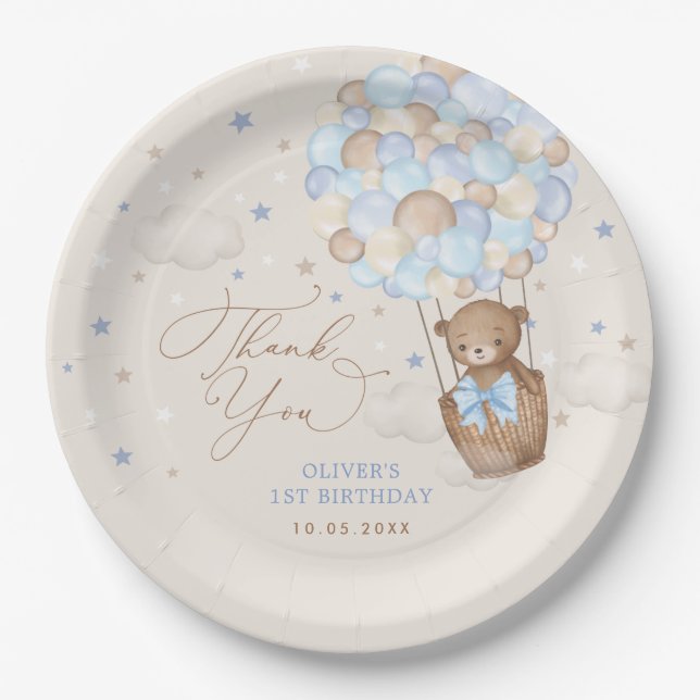 Assiettes En Carton Blue Brown Teddy Bear Hot Air Balloon Birthday Boy (Devant)