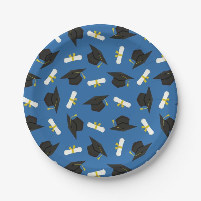 Assiettes En Carton Blue Caps Diplomas Pattern Graduation Party (Devant)