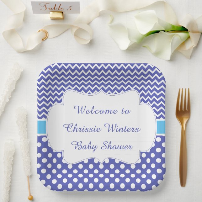 Assiettes En Carton Blue Chevron & White Baby shower Pois (Mariage)