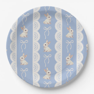 Assiettes En Carton Blue Coquette Bow Bunny Lace Pattern Paper Plate