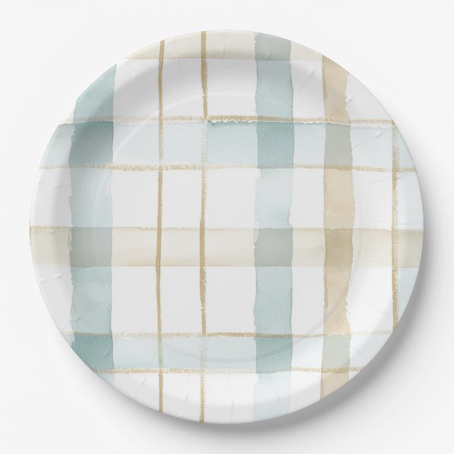Assiettes En Carton Blue Cream White Plaid Stripes Birthday (Devant)