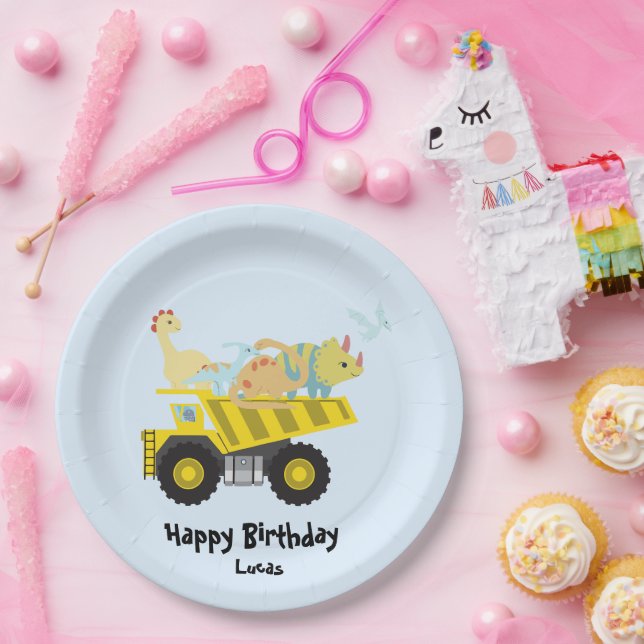 Assiettes En Carton Blue Cute fun dinosaur tracteur HBD do-it-yourself (Fête)
