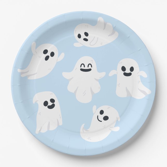 Assiettes En Carton Blue Cute Ghost Halloween Baby shower d'automne (Devant)