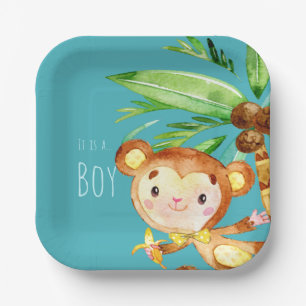 Assiettes En Carton Blue Cute Monkey Baby Boy Faire-part