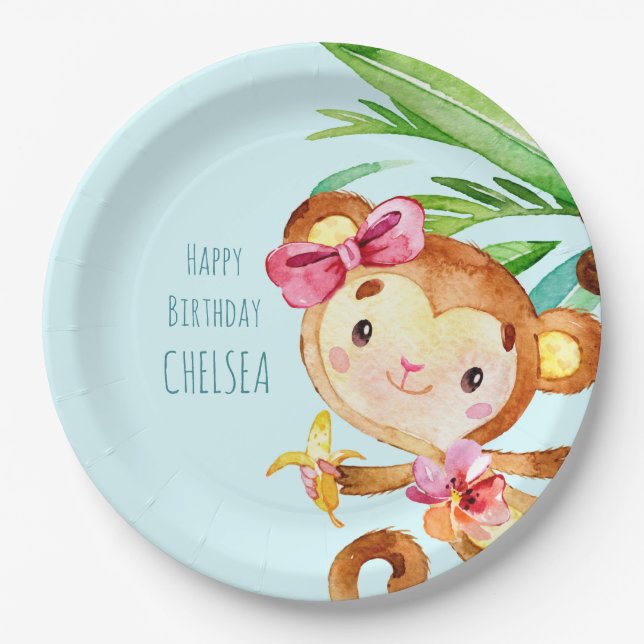 Assiettes En Carton Blue Cute Monkey Personnalisé Joyeux anniversaire (Devant)