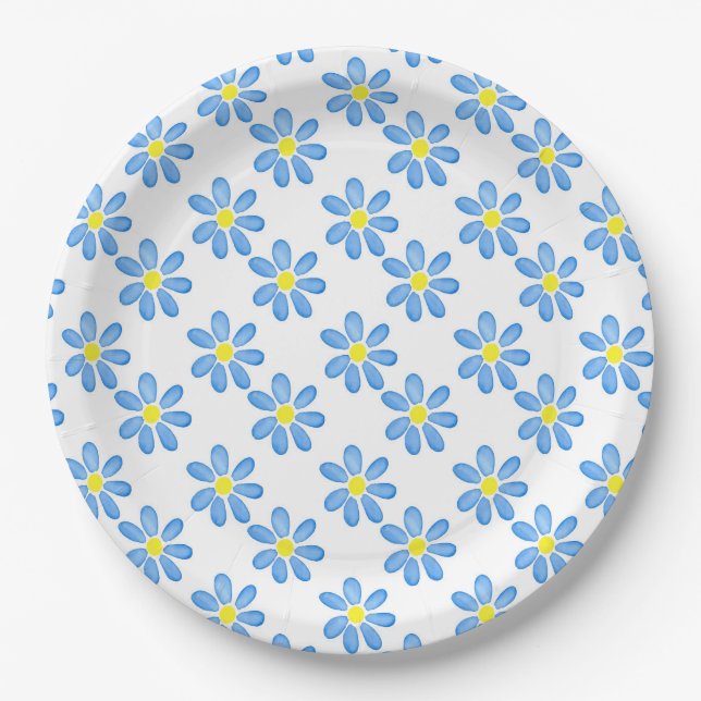 Assiettes En Carton Blue Daisy Watercolor Motif 2 (Devant)