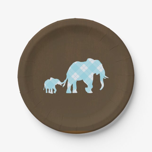 Assiettes En Carton Blue Elephants Brown tendance Baby shower moderne (Devant)