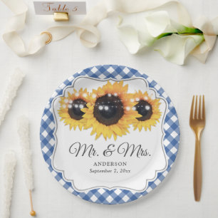 Assiettes En Carton Blue En vichy Sunflower M. et Mme Mariage