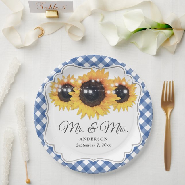 Assiettes En Carton Blue En vichy Sunflower M. et Mme Mariage (Mariage)