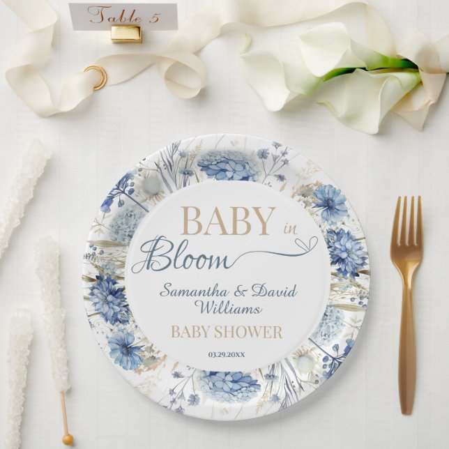 Assiettes En Carton Blue Floral Baby in Bloom Garden Baby Shower Party (Mariage)