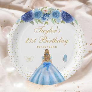 Assiettes En Carton Blue Floral Blonde Hair Princess Anniversaire