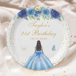 Assiettes En Carton Blue Floral Dark Skin Princess Anniversaire