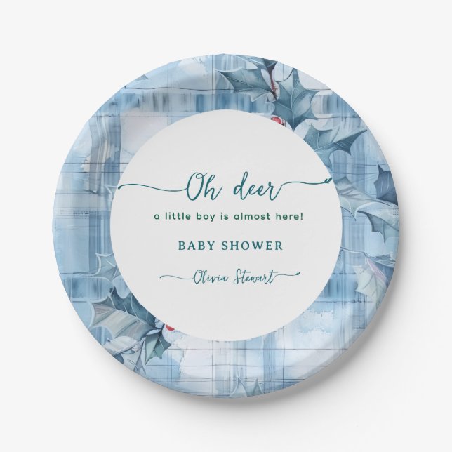 Assiettes En Carton  Blue Floral Gingham oh deer baby shower  (Devant)