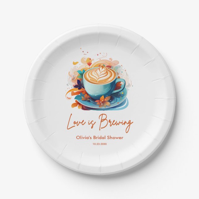 Assiettes En Carton Blue Floral Love prépare un café pour la douche de (Devant)