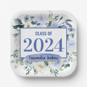 Assiettes En Carton Blue Floral Rose Année de graduation