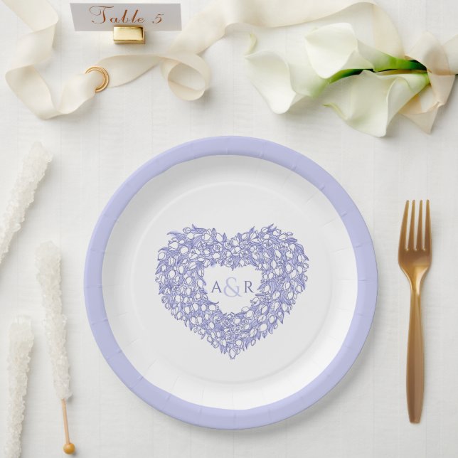 Assiettes En Carton Blue flower wedding tulips heart boumonogram (Mariage)