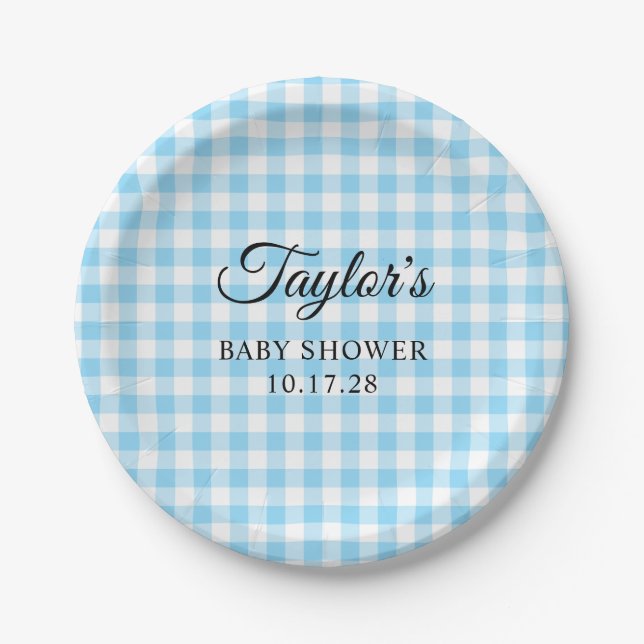 Assiettes En Carton Blue Gingham Plaid Baby Shower (Devant)