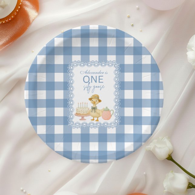 Assiettes En Carton  Blue Gingham Silly Goose 1st Birthday (Créateur téléchargé)