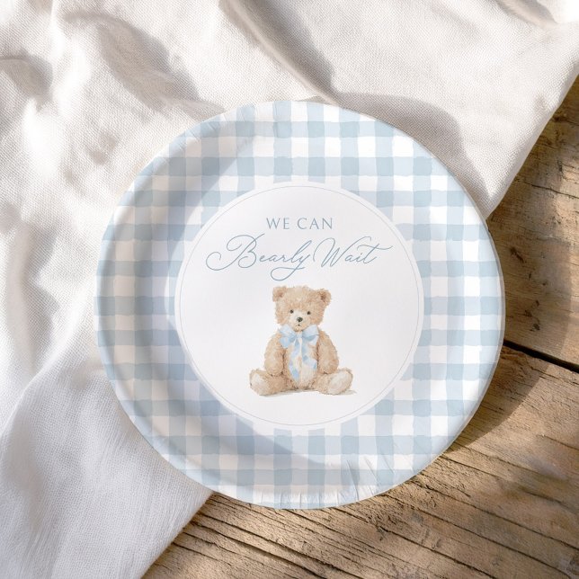 Assiettes En Carton Blue Gingham Teddy Bear Baby Shower (Créateur téléchargé)