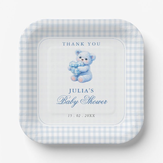 Assiettes En Carton Blue Gingham Teddy Bear Neutral Baby Shower (Recto)