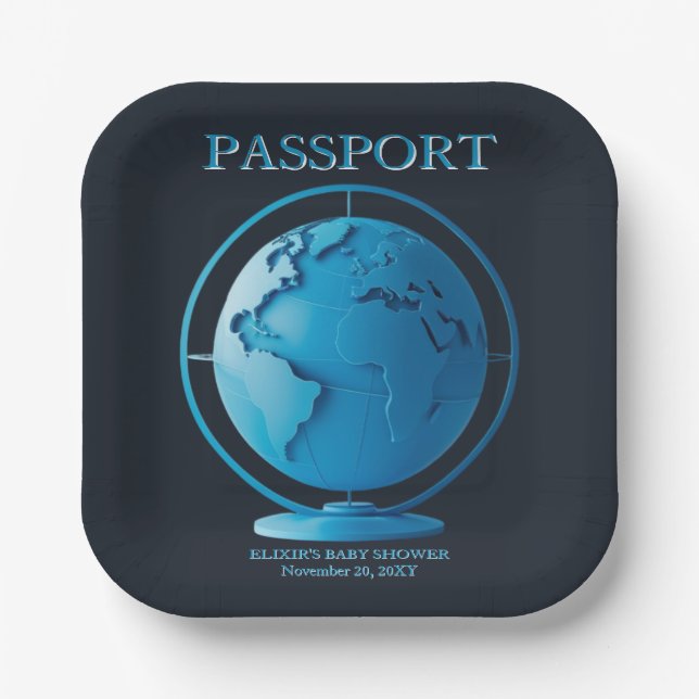 Assiettes En Carton Blue Globe Passport Travel Baby Shower (Recto)