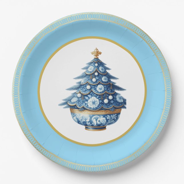 Assiettes En Carton Blue Gold Chinoiserie Paper Plate (Devant)