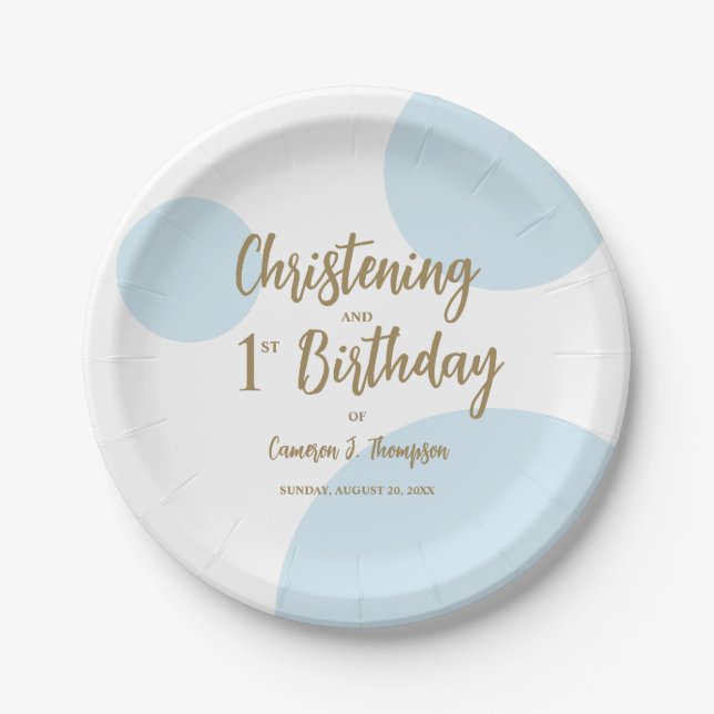 Assiettes En Carton Blue Gold Christening Et 1er anniversaire Custom (Devant)
