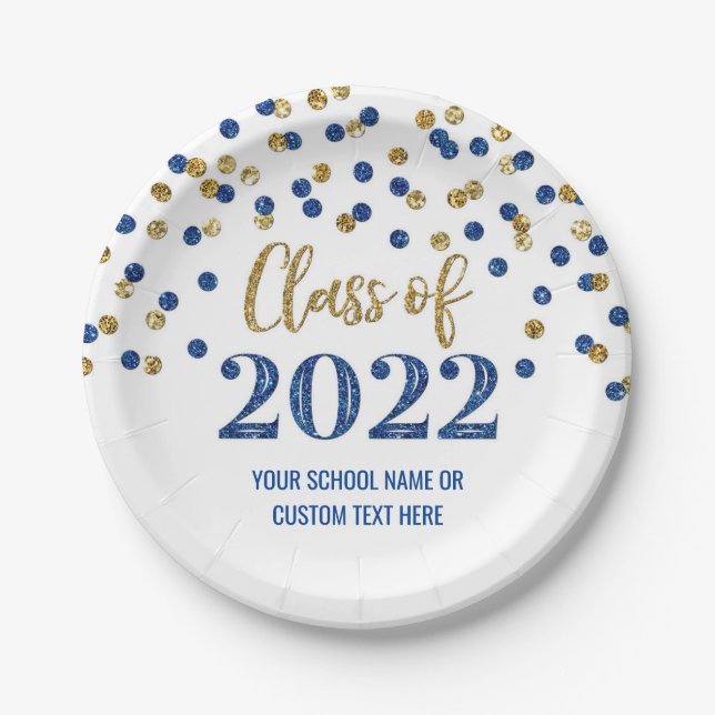 Assiettes En Carton Blue Gold Confetti Graduation 2022 (Devant)