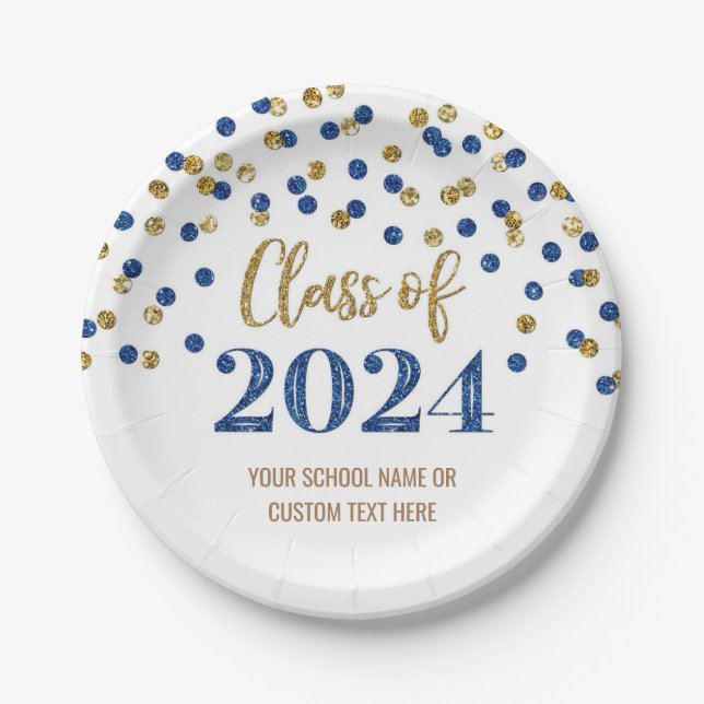 Assiettes En Carton Blue Gold Confetti Graduation 2024 (Devant)