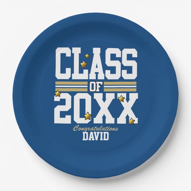 Assiettes En Carton Blue|Gold Graduated Class Year (Devant)