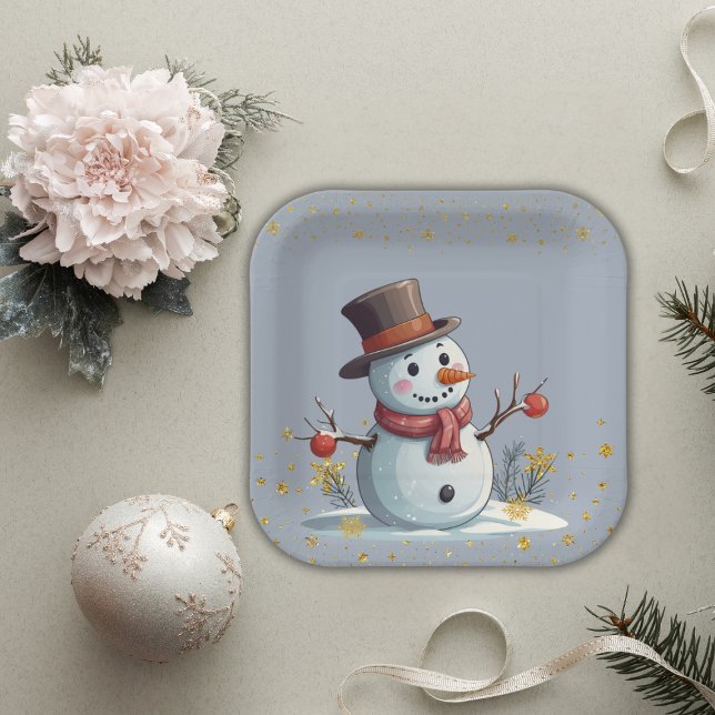Assiettes En Carton Blue & Gold Little Snowflakes Snowman Baby shower (Créateur téléchargé)