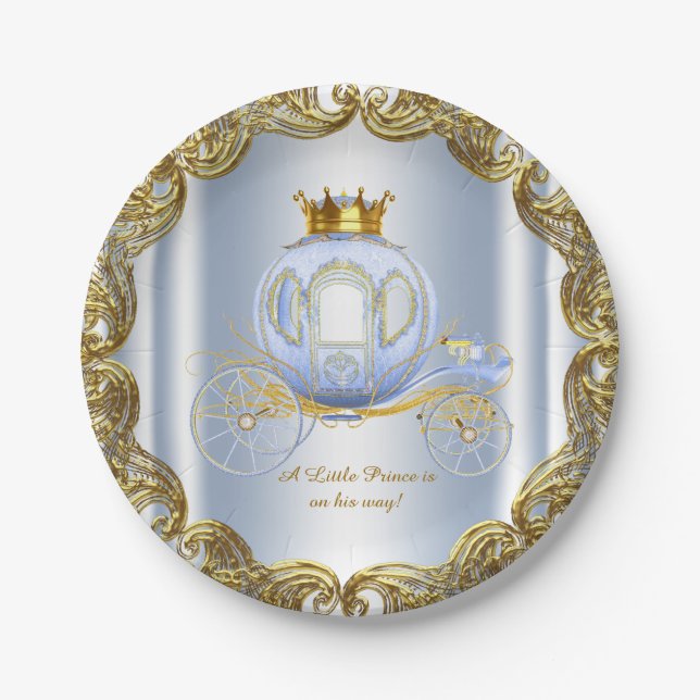 Assiettes En Carton Blue Gold Prince Royal Carriage Prince Baby shower (Devant)