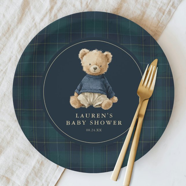 Assiettes En Carton Blue Green Tartan Polo Bear Baby Shower (Créateur téléchargé)