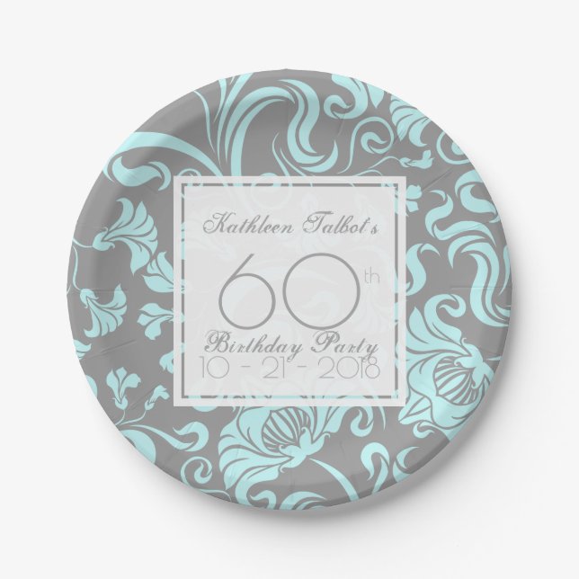 Assiettes En Carton Blue Grey Floral 60e Anniversaire Plaque papier de (Devant)