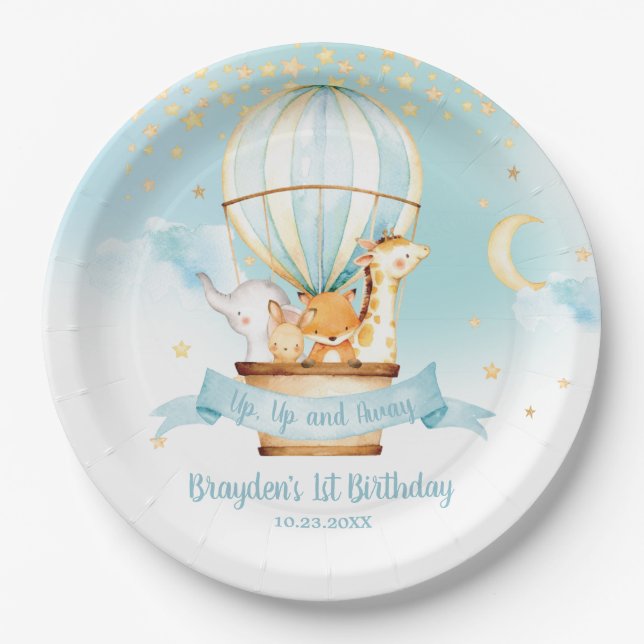 Assiettes En Carton Blue Hot Air Balloon Animaux Anniversaire (Devant)