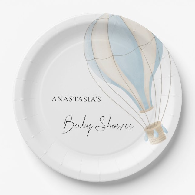 Assiettes En Carton Blue Hot Air Balloon Boy Baby shower (Devant)