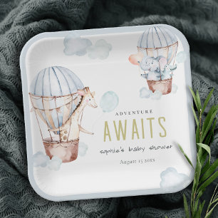 Assiettes En Carton Blue Hot Air Balloon Safari Animaux Baby shower