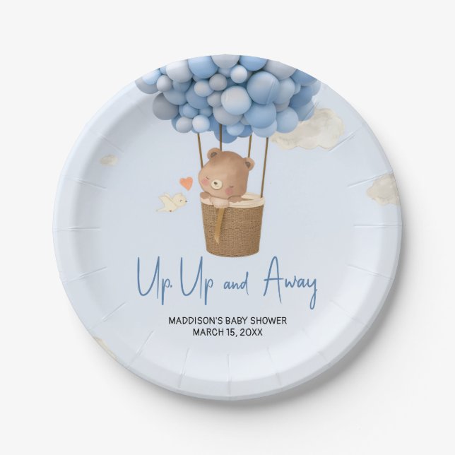 Assiettes En Carton Blue Hot Air Balloon Up and Away Baby Shower (Devant)
