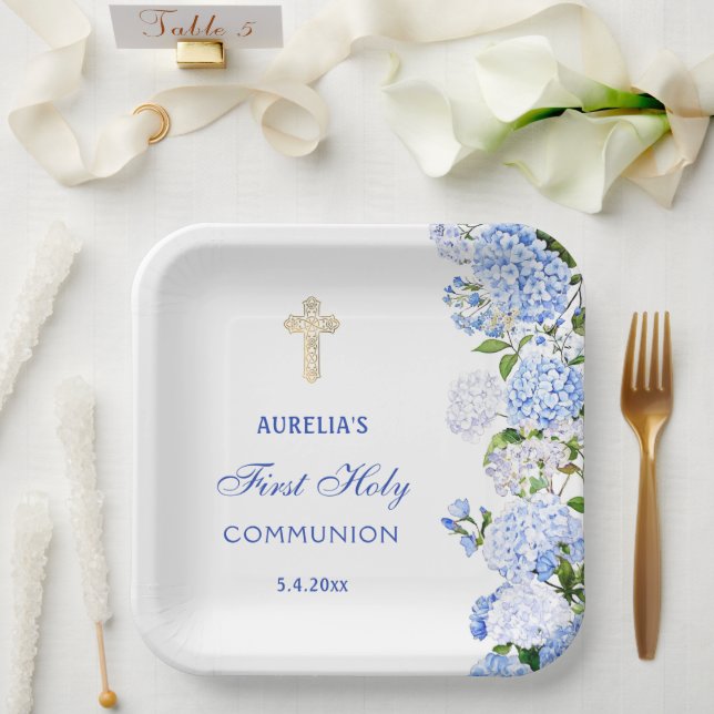 Assiettes En Carton Blue Hydrangea First Communion (Mariage)