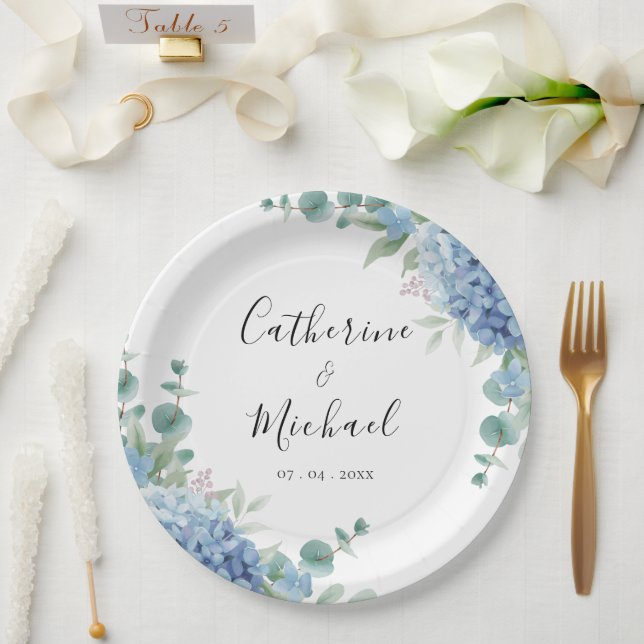 Assiettes En Carton Blue Hydrangea Floral Wedding  (Mariage)