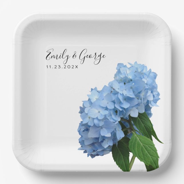 Assiettes En Carton Blue Hydrangea Flowers Mariage Personnalisé (Recto)